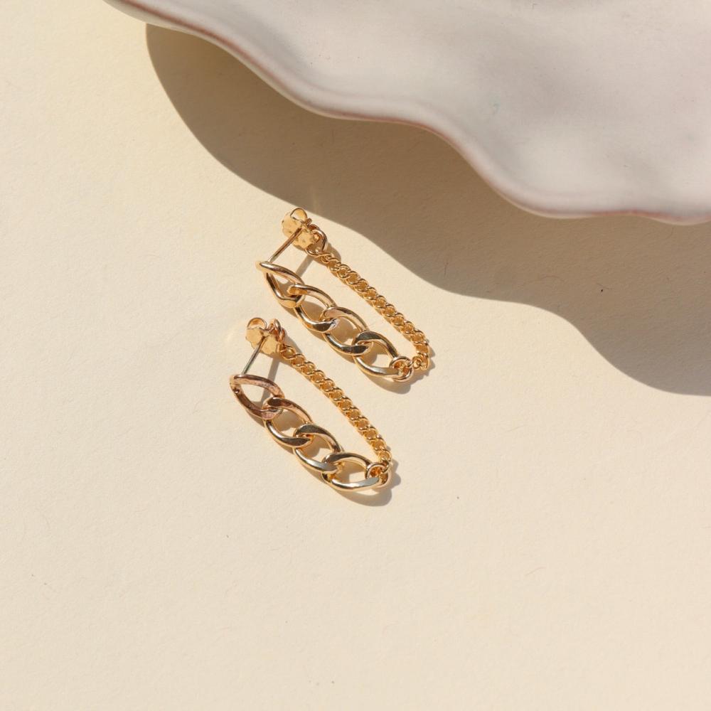14k gold fill alex chain stud earrings handmade by token jewelry, featuring 4 links of our favorite Alexandra Chain attached to a small section of our La Mer chain.