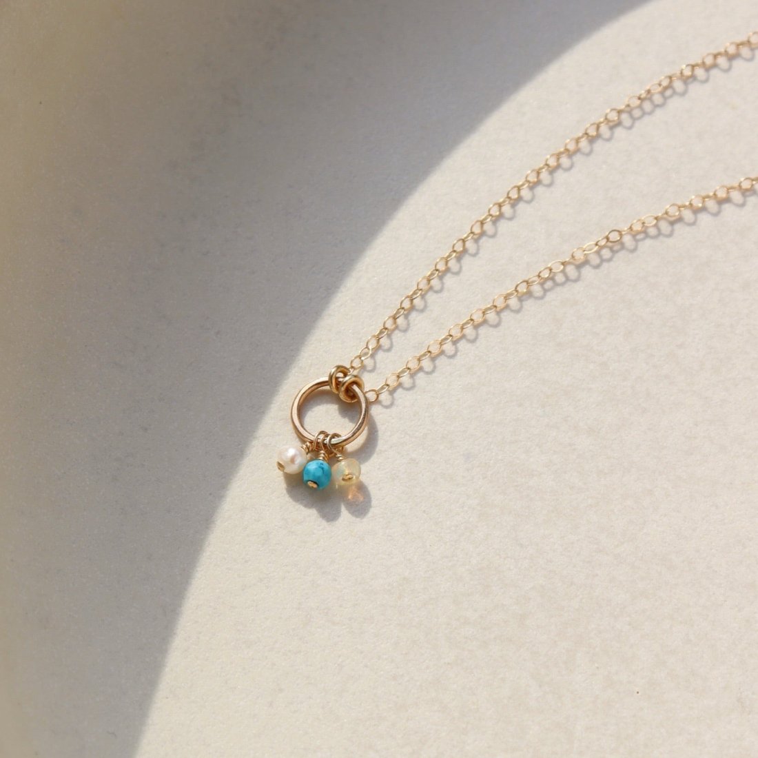 14k solid gold necklace made by Token Jewelry, featuring a simple chain and circle, with customizable birthstone charms, photographed on a white dish