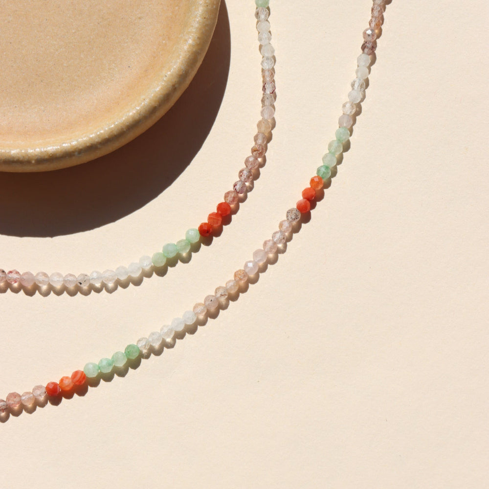 Full strand beaded necklace with moonstone, chrysoprase, and carnelian gemstones