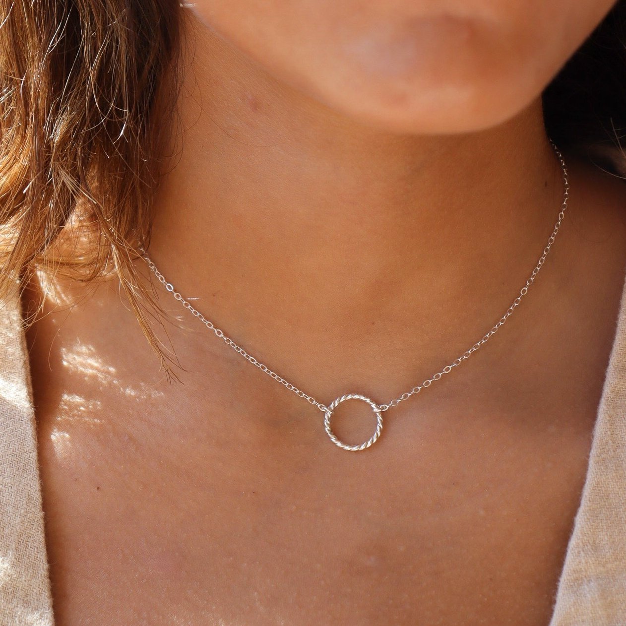 Model wearing 925 sterling silver Spiral Necklace