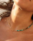 Model wearing the Taos Toggle Necklace, toggle clasp centered for a bold summer look.