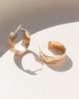 14k gold fill Florence hoops laid on a white plate in the sunlight