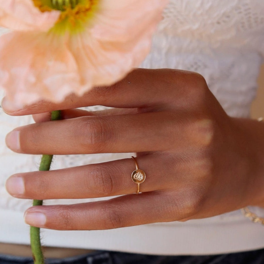 Birth flower ring featuring a Rose flower for the month of June. Mother's Day Gifts, Personalized Jewelry, Handmade Jewelry, Gold Ring that's flower stamped by Token Jewelry in Eau Claire, WI