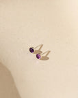 sterling silver bezel studs with amethyst stones on a light background
