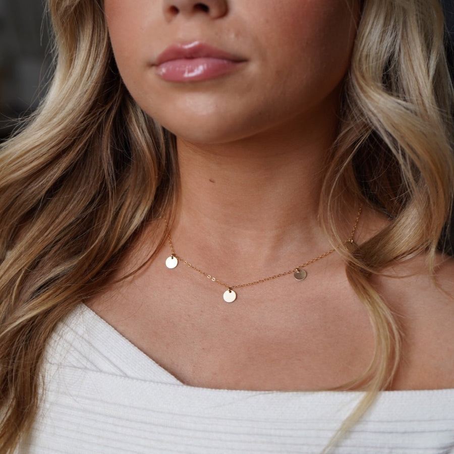 Model wearing 14k gold fill Suncatcher necklace