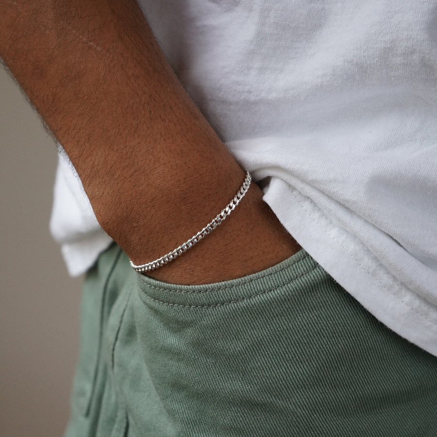 Model wearing 925 sterling silver mens Carter bracelet
