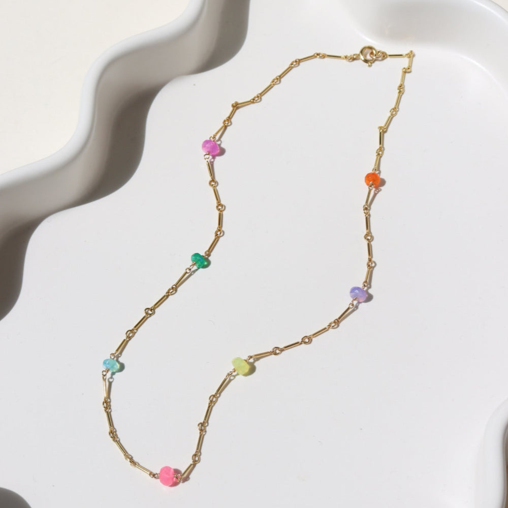 14k Gold Fill necklace featuring six vibrant opals and a textured chain with bar, dot, and dash links.