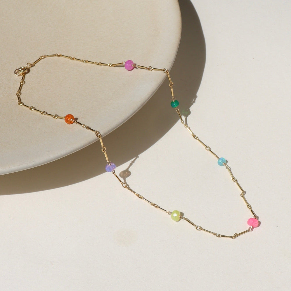 14k Gold Fill necklace featuring six vibrant opals and a textured chain with bar, dot, and dash links.