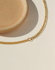 A half and half 14k gold fill bracelet featuring a thick curb chain and a double vine chain. Also known as our Demi Alexandra and Makara chains. The bracelet is displayed on a cream back drop in the sun light. 