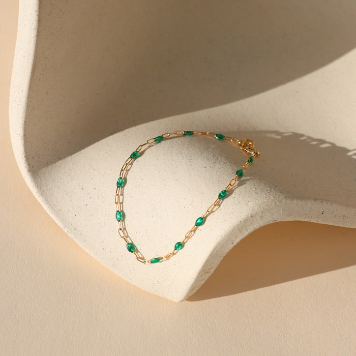 14k gold fill chain alternating with with transparent emerald gemstones bracelet 