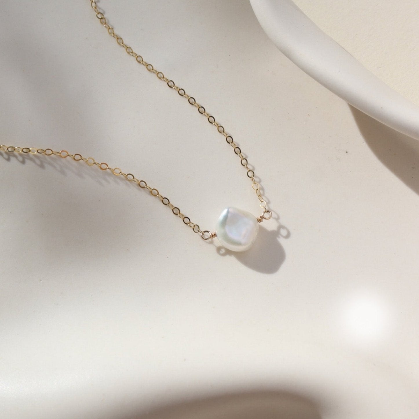 14 gold fill dainty chain with freshwater pearl wire wrapped on