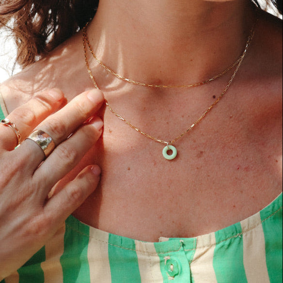 model wearing 14k gold fill chain necklace with chrysoprase donut charm