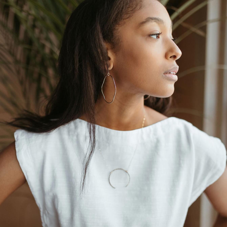 Form Hoops, Token Jewelry, 14k gold fill hoop earrings, handmade, made by hand, organic shaped hoops, earrings, hoop earrings , form earrings on model