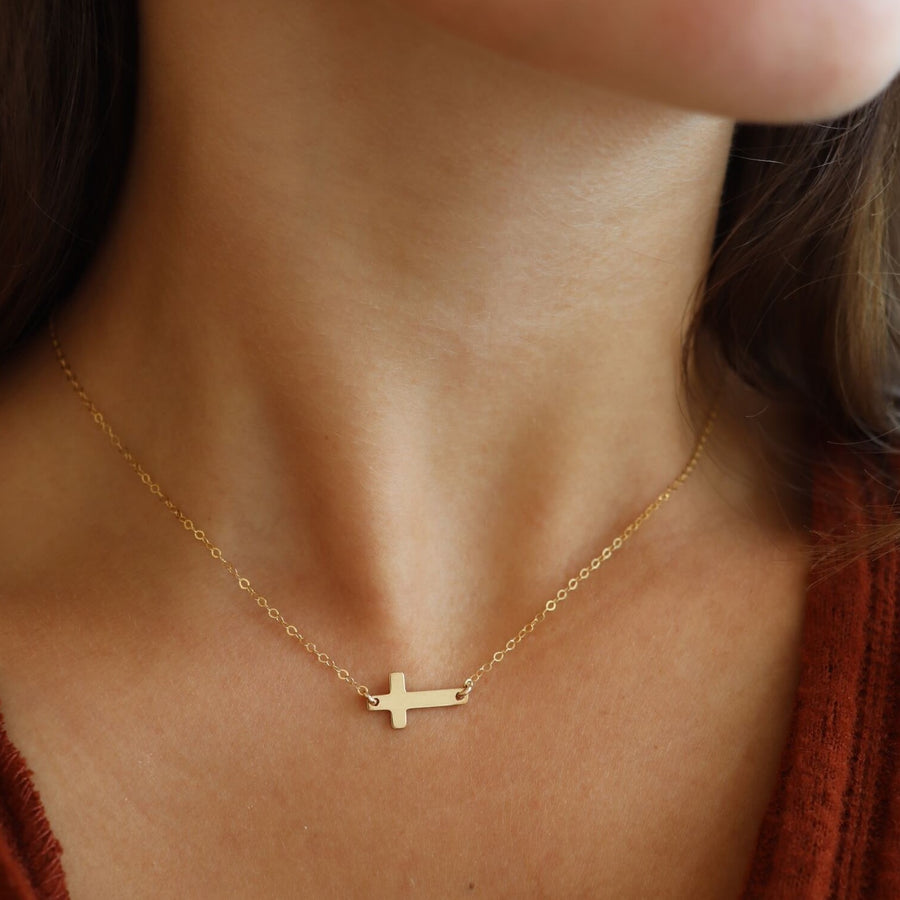 gold delicate cross chain necklace handmade in Eau Claire, Wisconsin by Token Jewelry