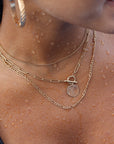 Model Wearing 14k gold fill chain link toggle necklace with monogram