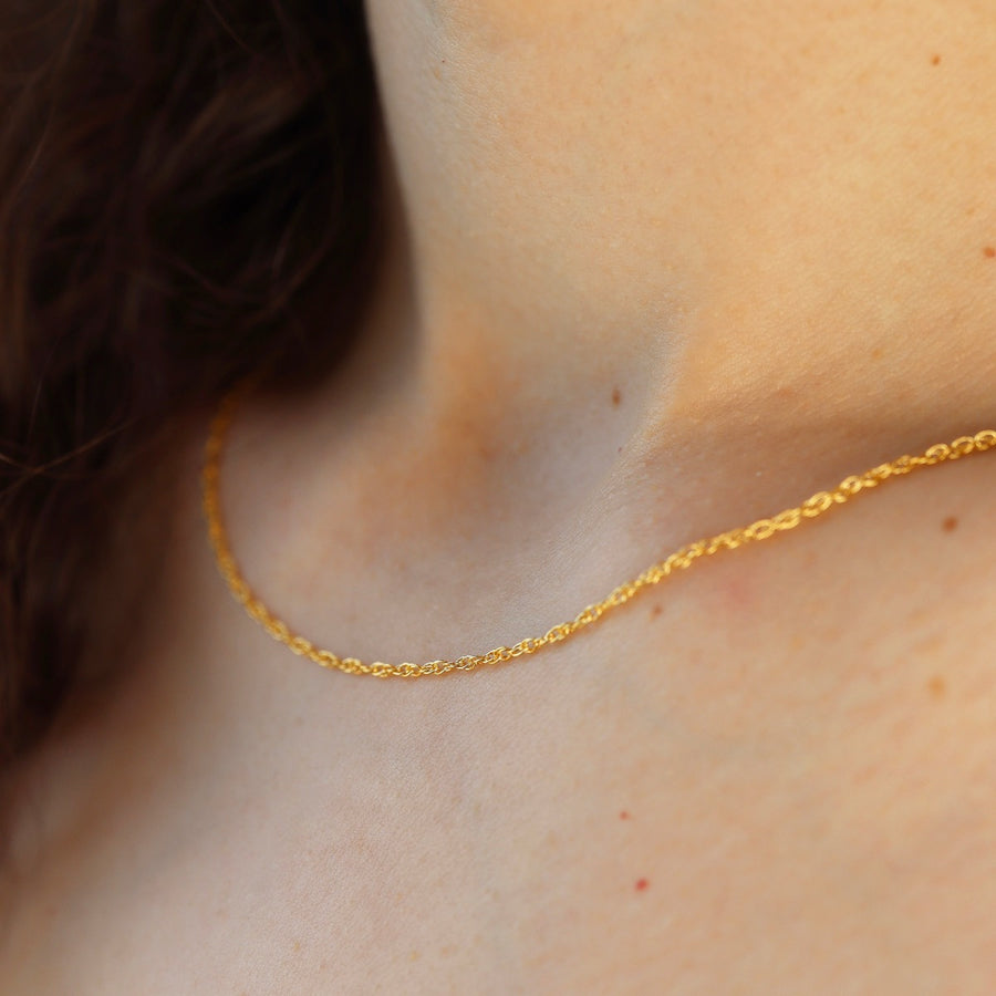 model wearing 14k Gold Filled delicate rope chain 