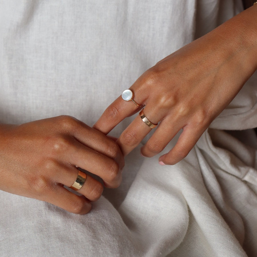 Model wearing 14k gold fill Mother of pearl ring