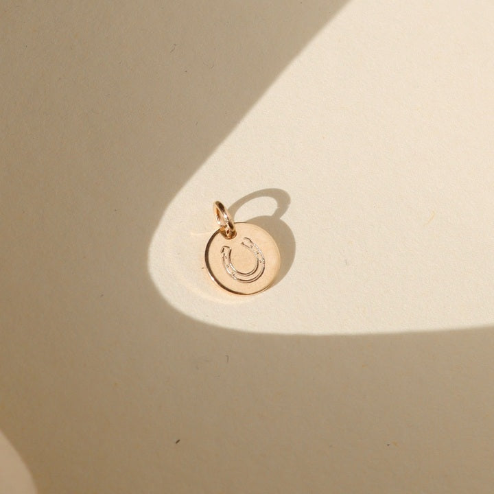 14k gold fill disk with horseshoe stamped on a light background