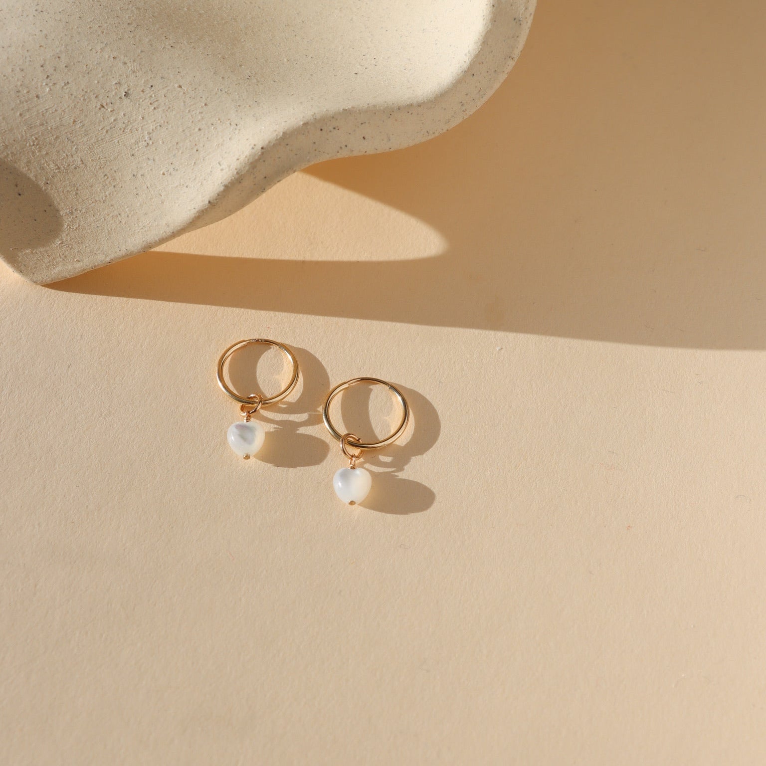 mother of pearl heart beads in 14k gold fill on simple 14k gold fill hoop earrings