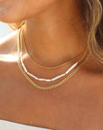Model wearing 14k gold fill Maren Pearl necklace