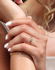 Model wearing 14k gold fill SoHo Ring Set on the middle finger. This Ring set highlights each one of our go to stacking rings including the stacking ring, spiral ring, and sequins ring. These rings are made to live in made to wear everyday.