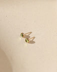14k gold fill bezel ear post with 4mm peridot stones in the sunlight