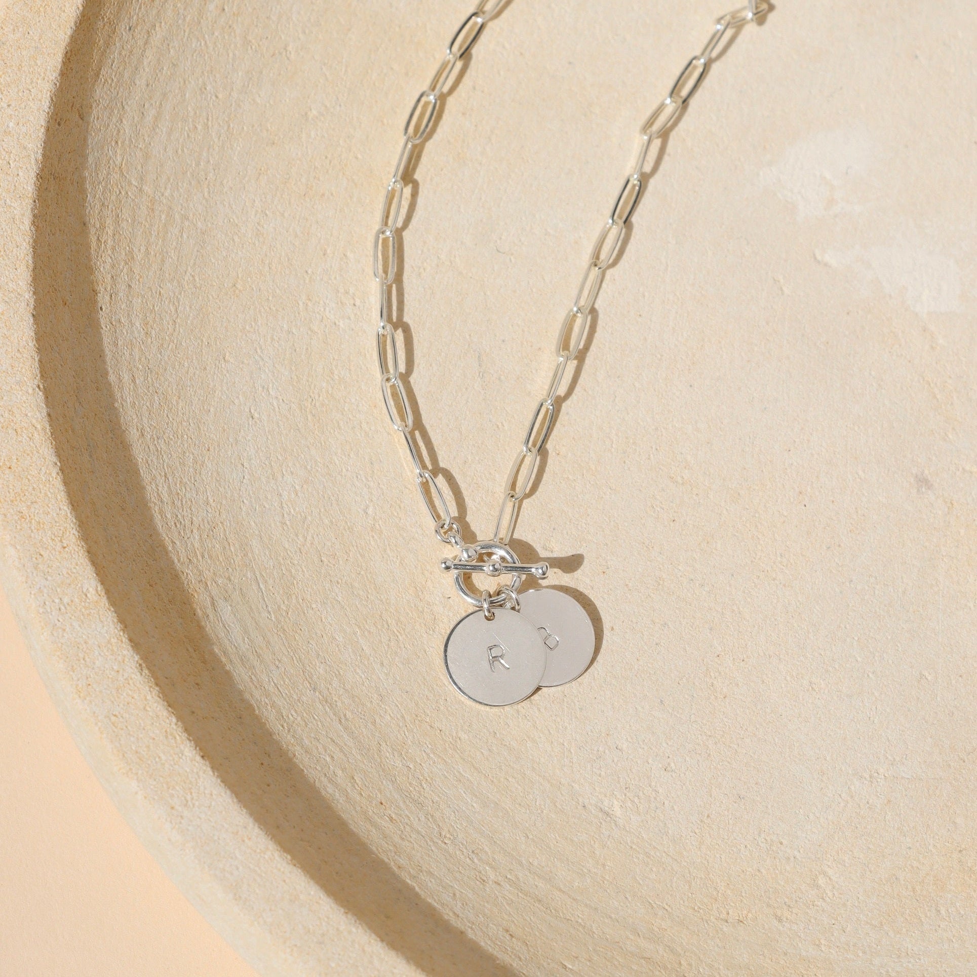 14k gold fill paperclip chain necklace with toggle clasp & custom stamped discs