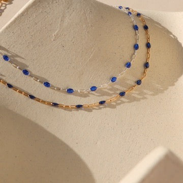14k gold fill chain with sapphire gemstones paired with sterling silver chain with sapphire gemstones