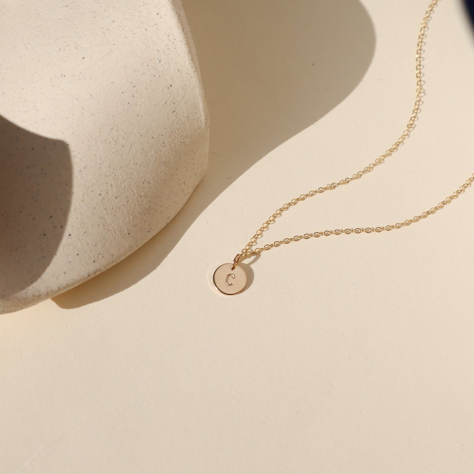 14k gold fill dainty chain necklace with hand stamped circle charm