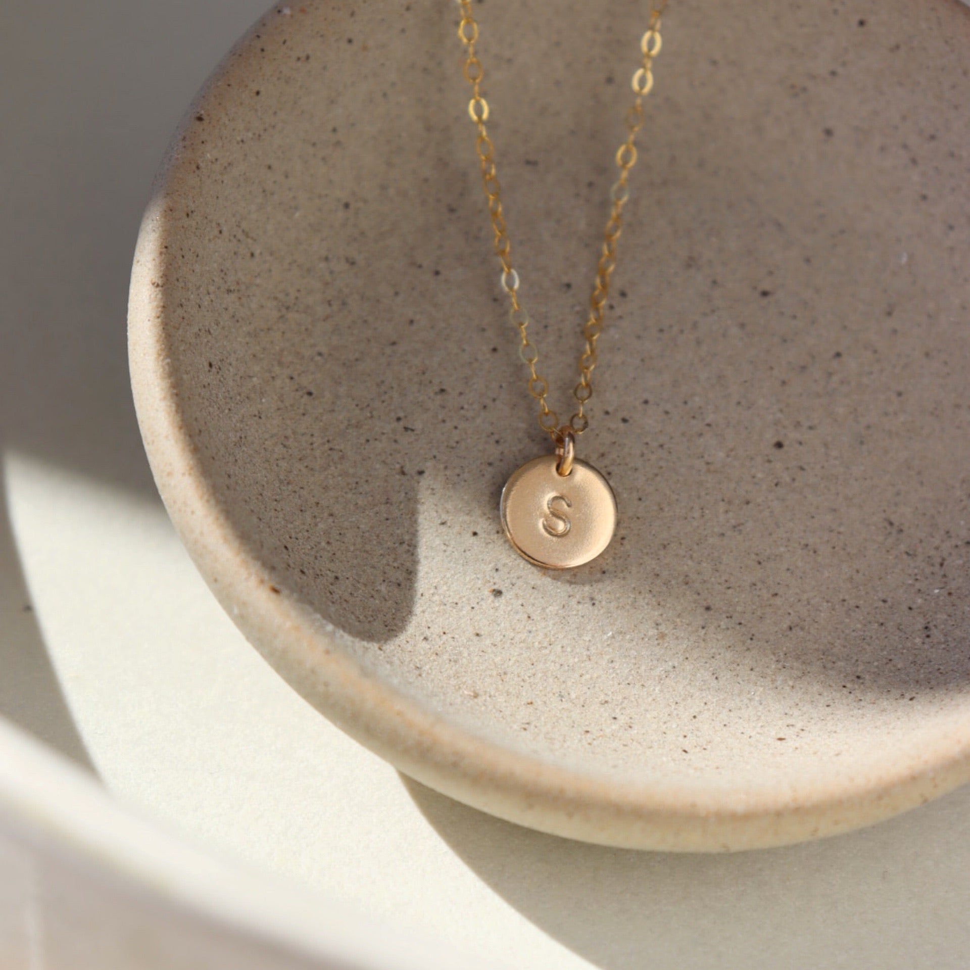  14k gold fill dainty chain necklace with hand stamped circle charm