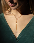 Gold-filled lariat necklace with Herkimer Diamonds and Sunburst chain links. Handmade and radiant for effortless everyday layering.