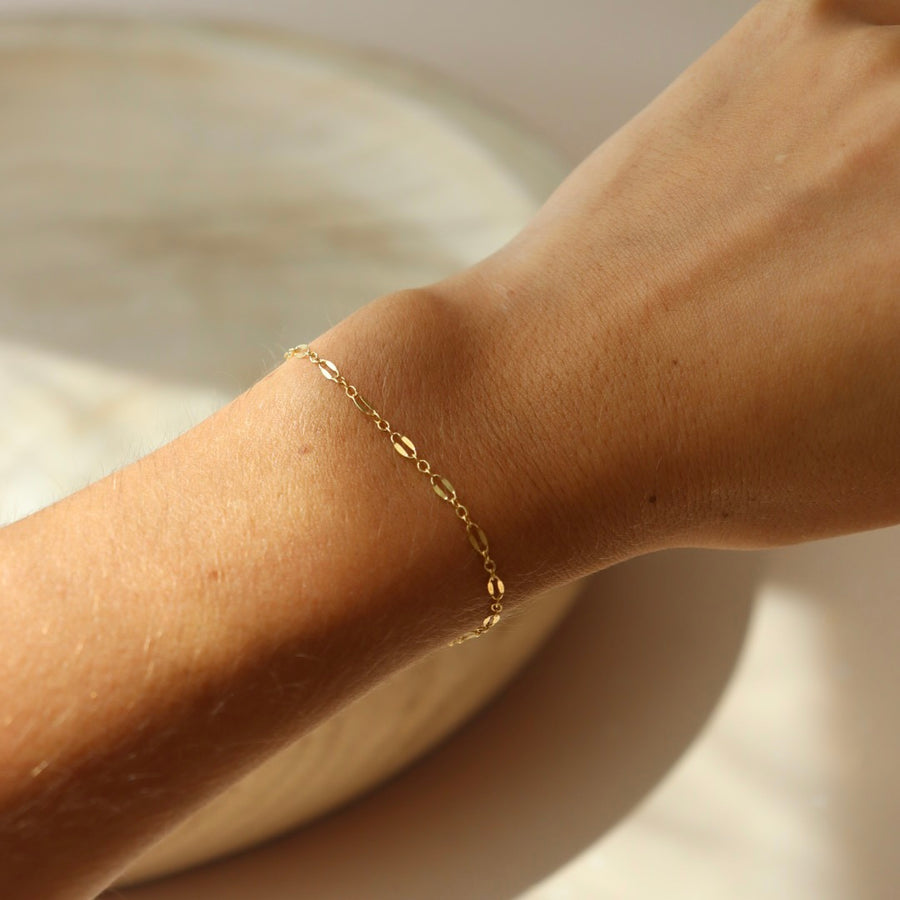 Model wearing 14k gold fill Sylvie bracelet.