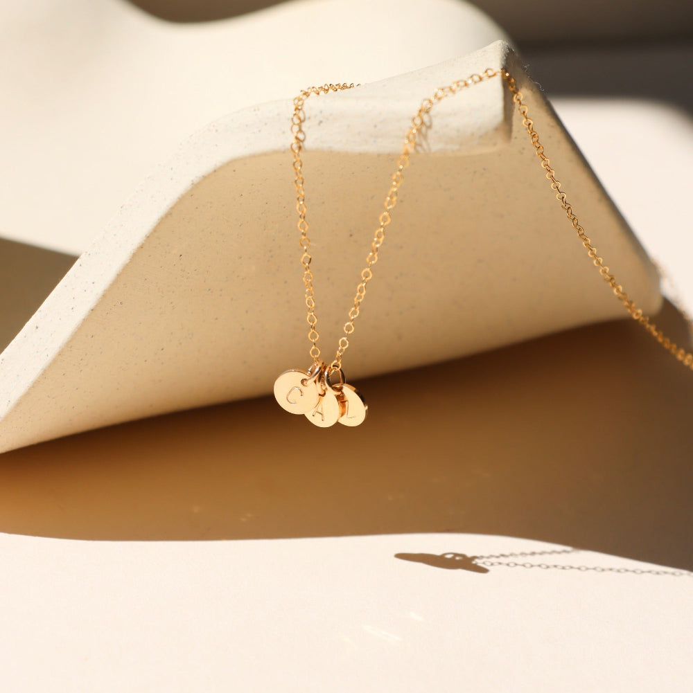 14k gold fill delicate chain necklace with 3 stamped round charms