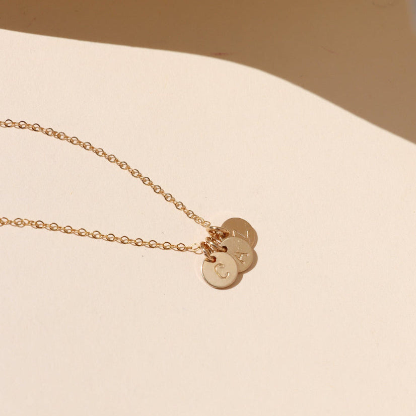 14k gold fill delicate chain necklace with 3 stamped round charms