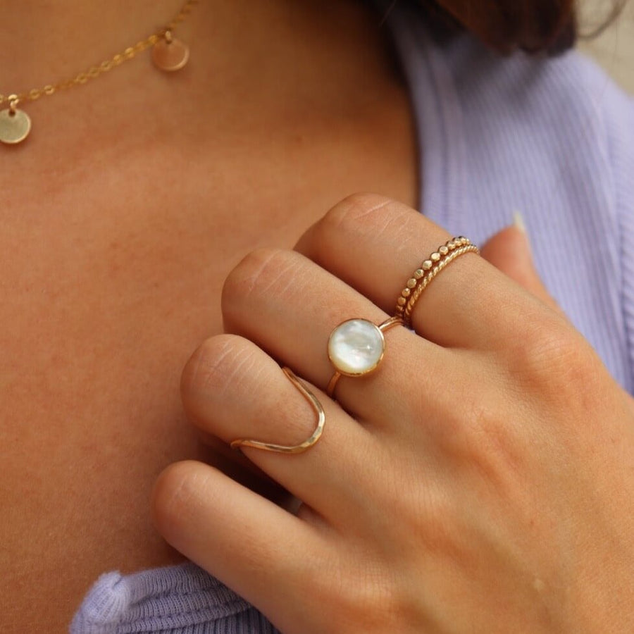 mother of pearl 10mm pearl bezel in gold fill or sterling silver ring, locally hand made in our Eau Claire, WI studio, Token Jewelry