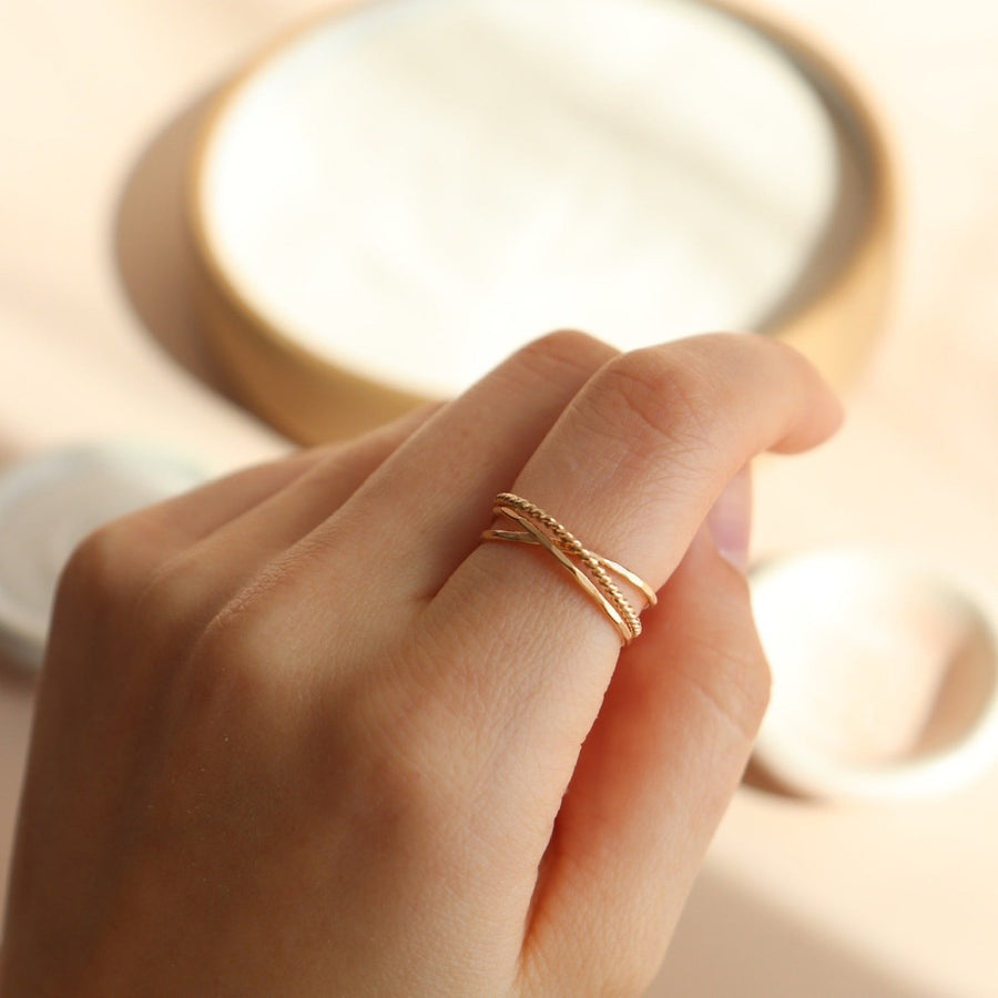 two stacking bands one spiral band all connected to each other in one - trio ring - stacking bands - fidget ring - 14k gold fill or sterling silver - locally handmade in our studio in Eau Claire, WI - Token Jewelry